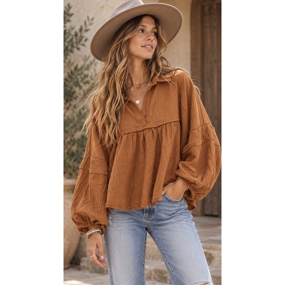 Free People Cropped Lou Lou Gauze Blouse with baloon Sleeves Brown Medium
